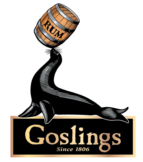 Goslings-Logo: Seehund balanciert ein Rumfass