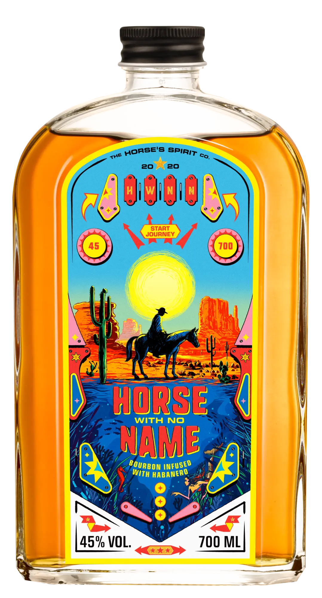 Flasche Horse With No Name Bourbon mit buntem Flipper-Etikett