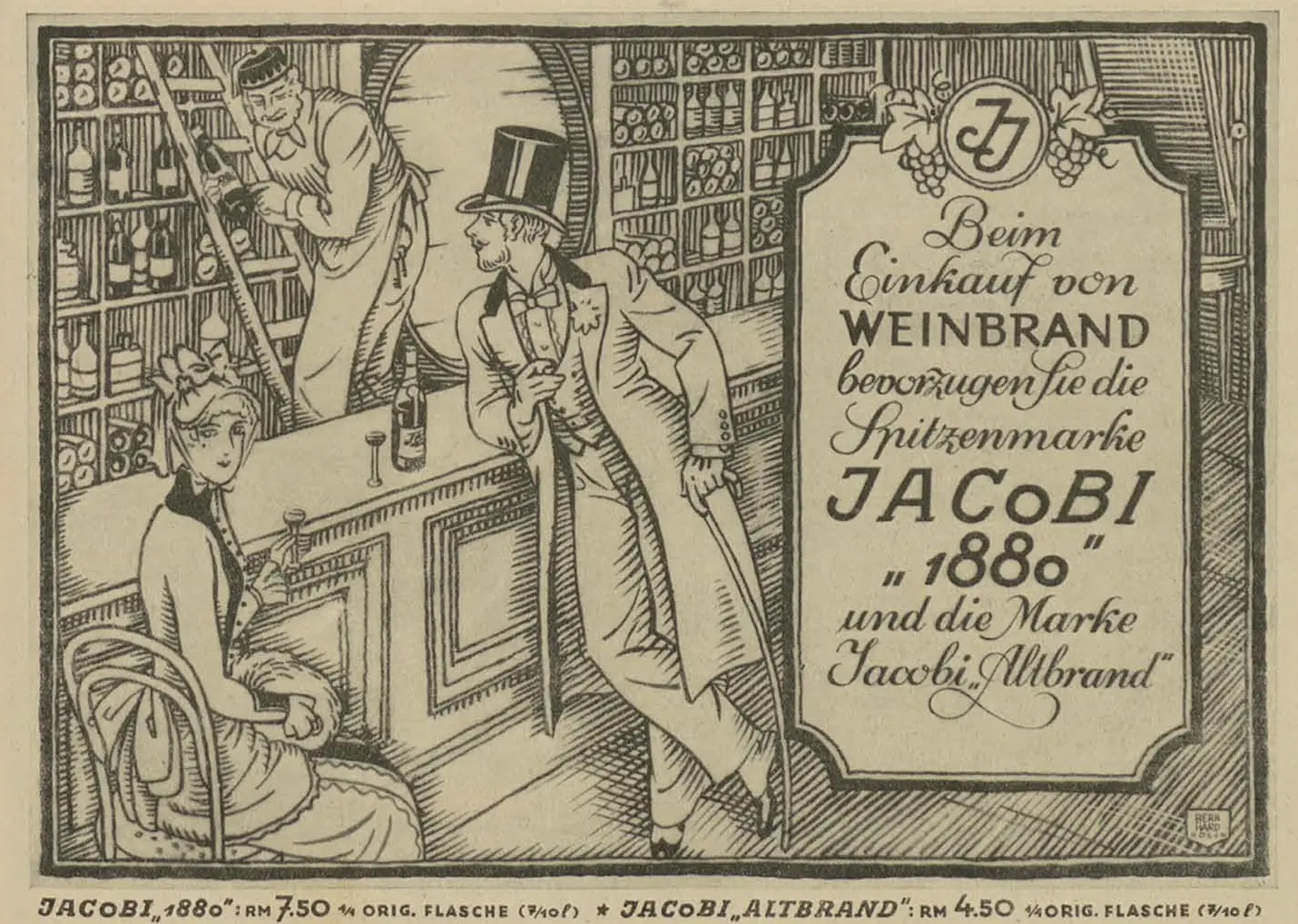 Historic newspaper advert for JACoBI 1880 brandy from Simplicissimus, 1928