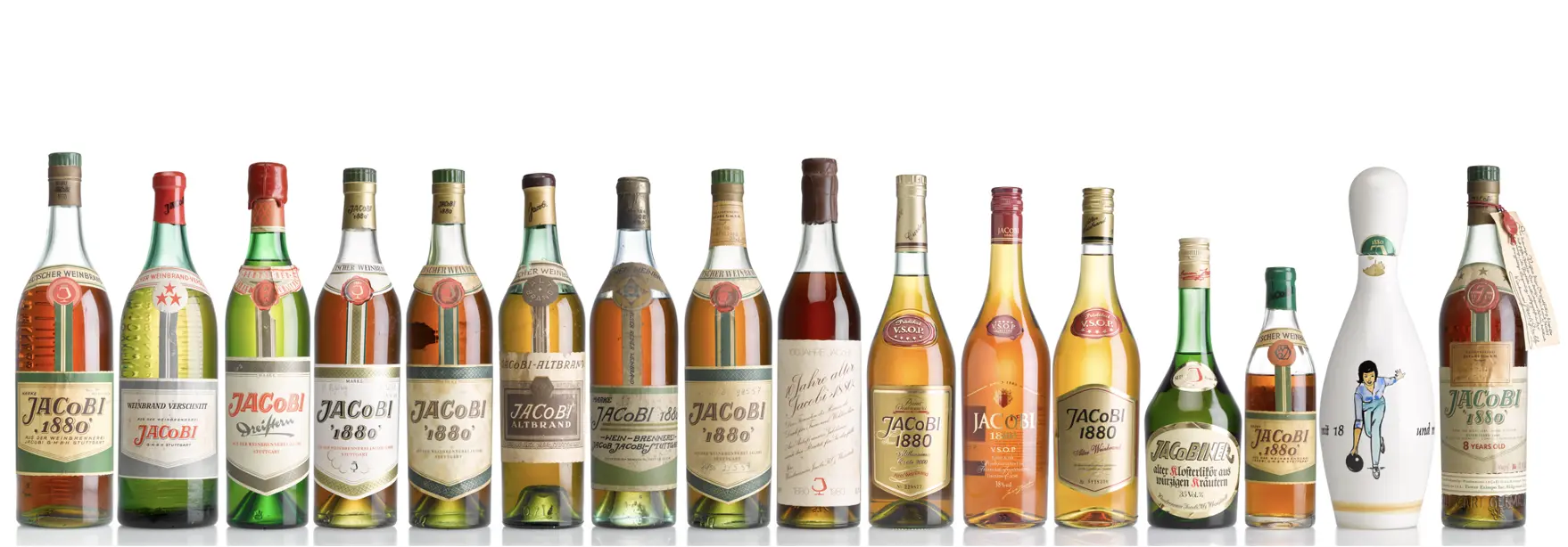 Row of historic bottles from the Jacobi distillery