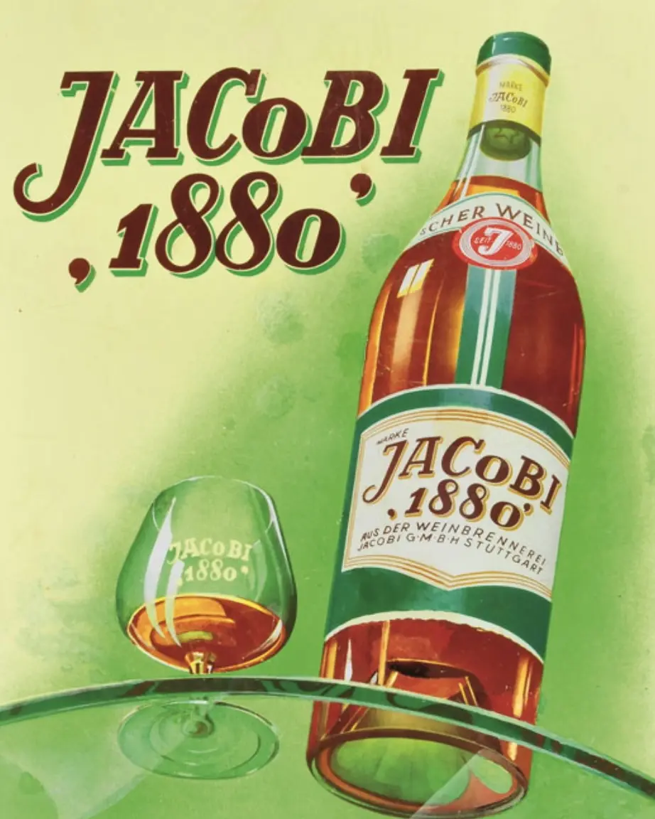 Vintage poster: JACoBI 1880 bottle with a brandy snifter