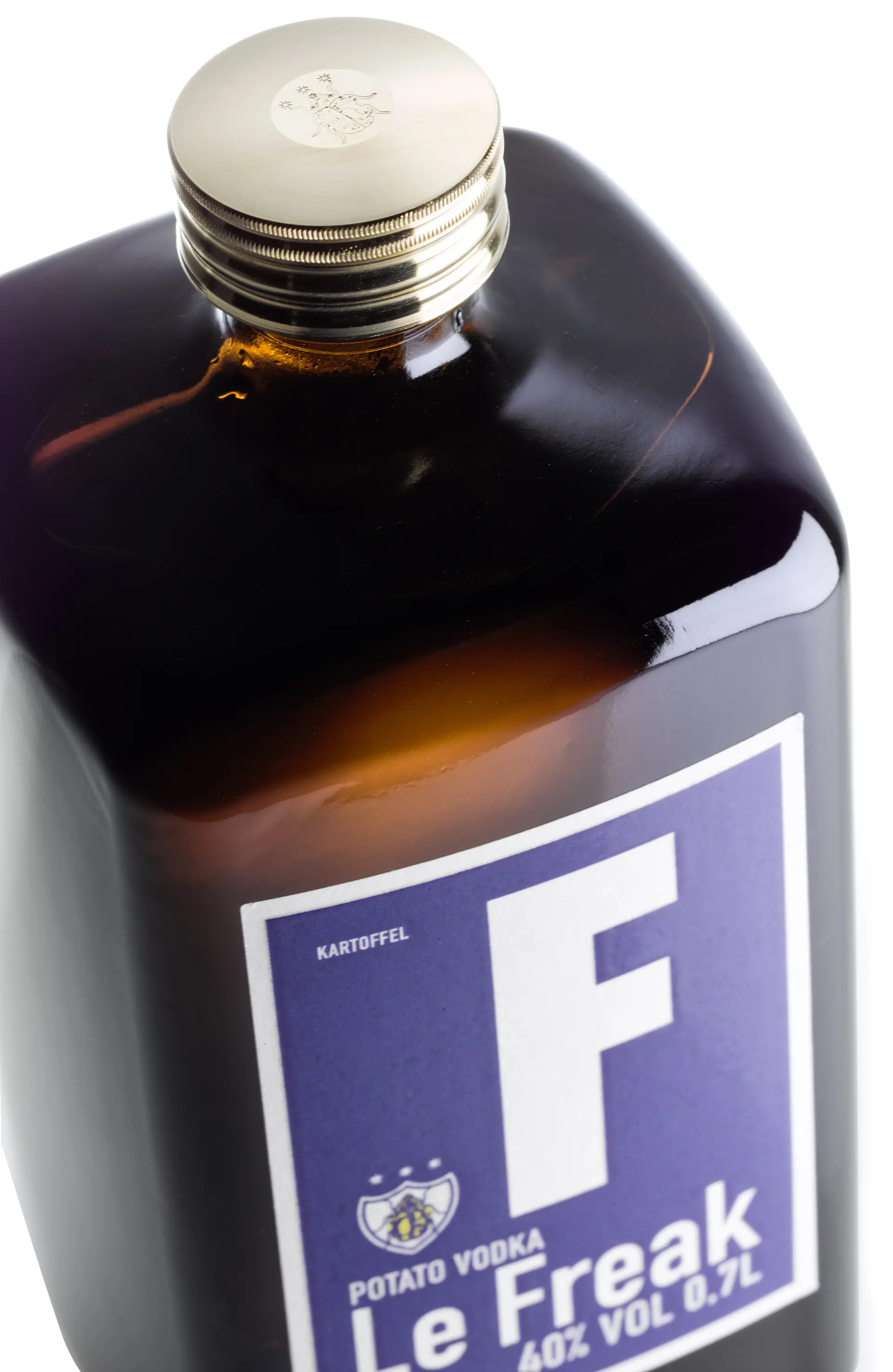 Close-up of a bottle of Le Freak vodka
