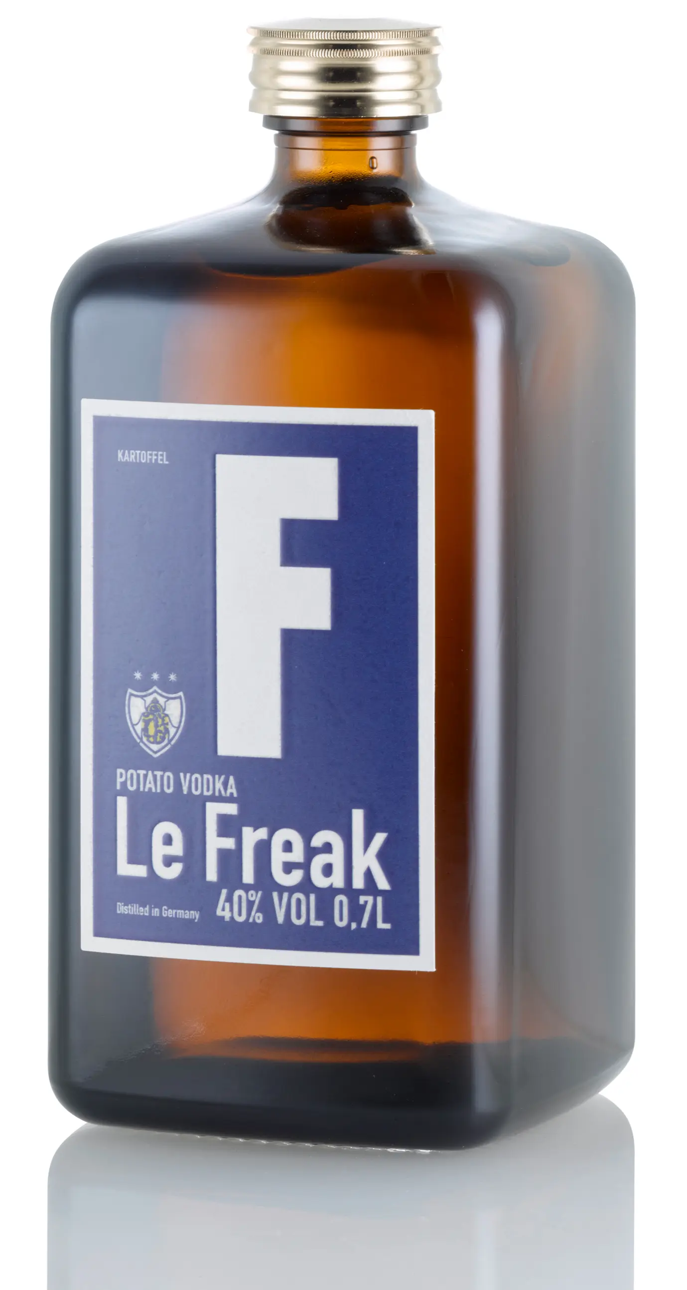 Bottle of Le Freak vodka with reflection
