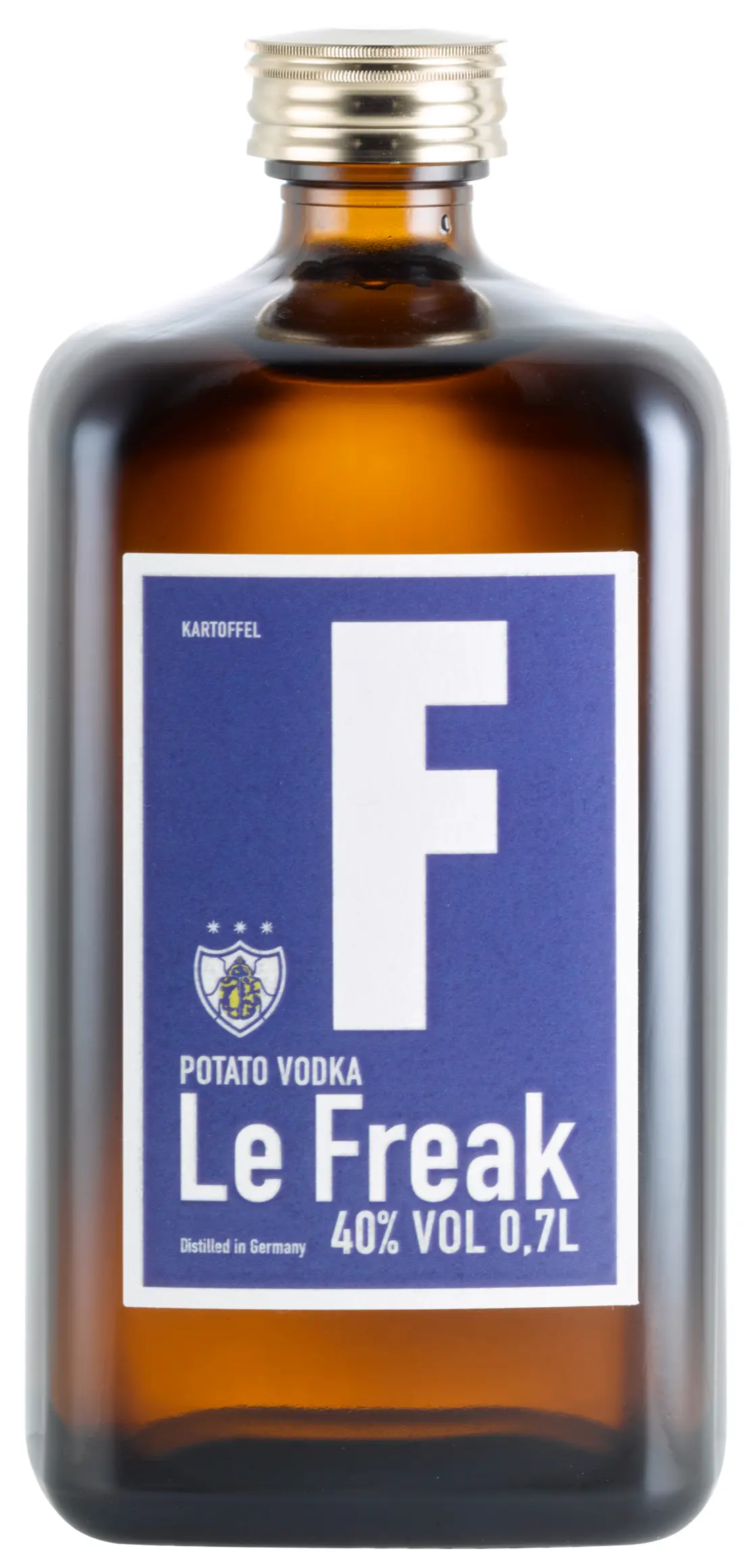 Bottle of Le Freak potato vodka, front view
