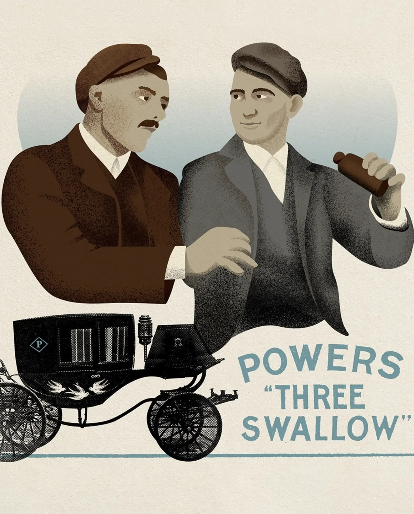 Illustration: two men with a carriage, Powers Three Swallow